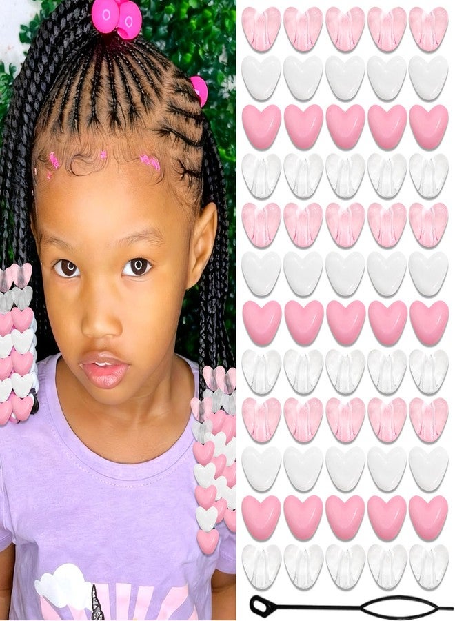 VENOFEN 88PCS Pink White Hair Beads for Braids Lovely Heart Shape Loc Dreadlock Bead Accessories Cute Acrylic Small Pony Beads for Kids Girls - Image 1